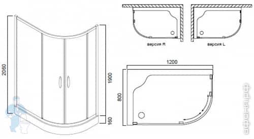 чертеж душевого уголка Am.Pm BLISS Round 120 120x80x206 купить душевой уголок ам пм блисс раунд 120 120х80