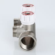 Коллектор VALTEC 3/4" на 2 выхода 1/2"Н с белыми регулирующими вентилями, латунь ник. VTc.570.N.0502 — изображение 2