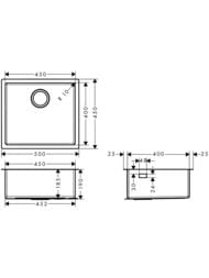 Чертёж Мойка из нержавеющей стали Hansgrohe S71 43426800 (500х450) под столешницу, сталь
