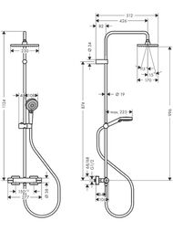 Чертёж Душевая система Hansgrohe Vernis Shape 26286670 смеситель термостат, верхний/ручной душ, черн. мат