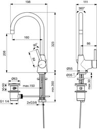 Смеситель для умывальника Ideal Standard CERALINE BC195AA поворотный излив 208мм, с донным клапаном