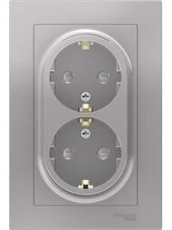 Розетка Systeme Electric ATLASDESIGN двойная с заземл. со шторками 16А в сборе алюминий ATN000326