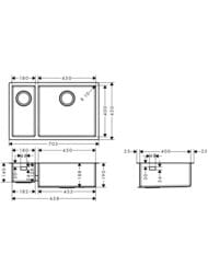 Чертёж Мойка из нержавеющей стали Hansgrohe S71 43429800 (705х450) под столешницу, сталь