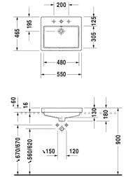 Умывальник встраиваемый сверху DURAVIT VERO 550х465х180 отверстие под смеситель, перелив 0315550000