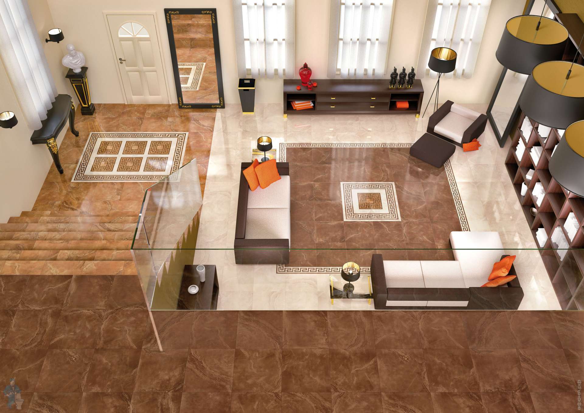 Дизайн пола в гостиной совмещенной с кухней из керамогранита