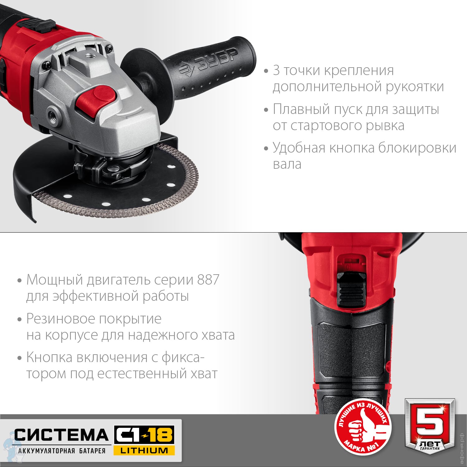 Углошлифовальная машина ЗУБР аккумуляторная, без АКБ, 125 мм, 18В ...