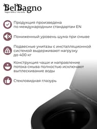 Унитаз подвесной BelBagno Colorato (365х490х370) безободковый, черный мат, BB062CHR-MB без сиденья — изображение 4