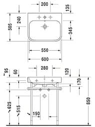 Умывальник Duravit Happy D.2 600х505х170 шлиф.,1 отверстие под смеситель, перелив 2318600027