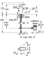 Смеситель Grohe BauFlow 23751000 для умывальника однорычажный, слив.гарнитур, S-Size, хром