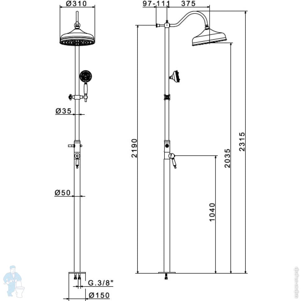 Душевая система Migliore OXFORD напольная, с верхним и ручным душем ...