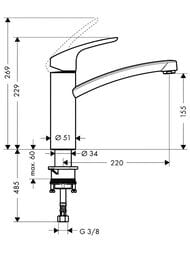 Чертёж Смеситель для кухни Hansgrohe Focus M41 однозахватный, поворотный излив 155мм, цвет: хром 31780000