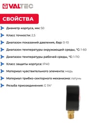 Манометр Valtec, 0-10 бар, 1/4", D50мм, нижнее подкл (радиальное),  VT.TM50.D.02