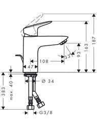 Чертёж Смеситель Hansgrohe Logis 71104000 LowFlow для умывальника, фиксированный излив, донный клапан