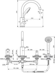 Смеситель для ванны/душа Ideal Standard CERALINE BC198AA набортный, ручной душ со шлангом 175см