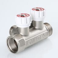 Коллектор VALTEC 3/4" на 2 выхода 1/2"Н с белыми регулирующими вентилями, латунь ник. VTc.570.N.0502 — изображение 3