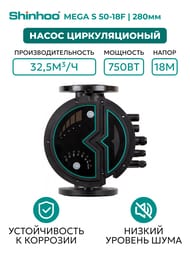 Насос циркуляционный SHINHOO MEGA S 50-18F 1x230В, DN 50, фланцевый, 71121007