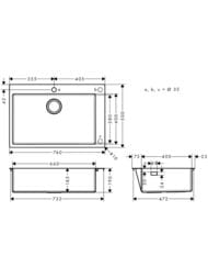 Чертёж Мойка из нержавеющей стали Hansgrohe S71 43302800 (760х500) врезная, отвер.под смес.,сталь
