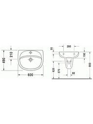 Умывальник DURAVIT DURAPLUS 034460 (600х490х190), отверстие под смеситель, перелив
