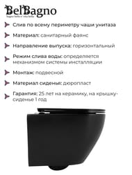 Унитаз подвесной BelBagno Colorato (365х490х370) безободковый, черный мат, BB062CHR-MB без сиденья — изображение 5