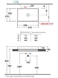 Раковина Globo T-EDGE (610х370х140) встраиваемая,без отв. под смеситель, Portoro Nero B6R61PN