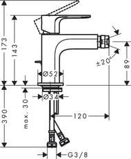Смеситель для биде Hansgrohe Rebris S 72212000 однозахватный, металл.сливной набор, хром