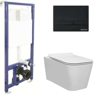 BERGES комплект инсталляции с клавишей смыва F5 SoftTouch черной, унитаз FLOE Rimless, 4в1 043224