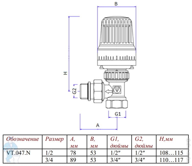 Клапан с термостатической головкой VALTEC угловой 1/2\" VT.047.N.04 ...