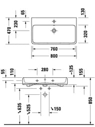 Раковина подвесная Duravit Qatego 800х470х125мм перелив, отв. под смеситель, цвет: белый 2382800000