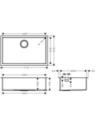Чертёж Мойка из нержавеющей стали Hansgrohe S71 43428800 (710х450) под столешницу, сталь