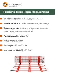 Теплый пол ТЕПЛОЛЮКС Neo 2м2, 160Вт/м2, 0,5м х 4м, 320Вт, без терморегулятора