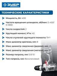 Дрель-шуруповерт ЗУБР ДШ-М1-400-2 К, 400Вт, 1800 об/мин, 40 Нм, 2 скорости, реверс, кейс