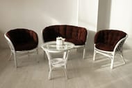 Диван Багама (1200х650х750) подушки светлые, полные шенил, ротанг, белый матовый