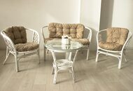 Диван Багама (1200х650х750) 2-х местный, подушки светлые шенил, ротанг, белый матовый