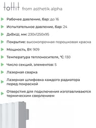 Радиатор стальной toHit from asthetik alpha, 5 секций, 230х1250х95, 909 Вт, вертикальный, трубчатый
