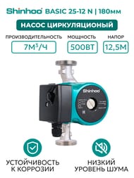 Насос циркуляционный SHINHOO BASIC 25-12 N 180 1x230V, 1.1/2", без гаек, 71223001