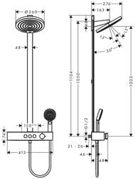 Чертёж Душевая система Hansgrohe Pulsify 24240670 Showerpipe 260 2jet с термостатом, матовый черный