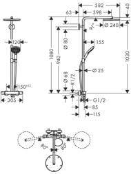 Чертёж Душевая система Hansgrohe Raindance Select S 240мм 1 тип струи, Showerpipe с термостатом 27633000