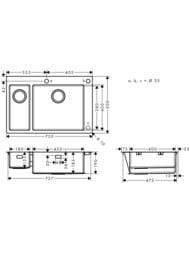 Чертёж Мойка из нержавеющей стали Hansgrohe S71 43310800 (755х500) врезная, отвер.под смес., сталь