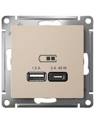 Розетка Systeme Electric ATLASDESIGN USB A+С, 45Вт (для подзарядки), цвет: песочный ATN001229