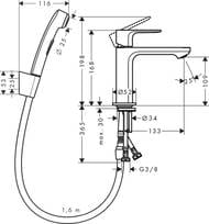 Смеситель для раковины Hansgrohe Rebris S 72215670 однозахватный, с гигиеническим душем , мат.черный