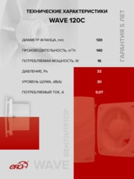 Вентилятор ERA WAVE D120 накладной, 160 м3/ч, 30 дБ, обр.клапан, белый, WAVE 120C