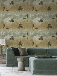 Обои виниловые на флизелине Decori-Decori Zen (1,06х10,05) горчичные, птицы 72901 (рул)