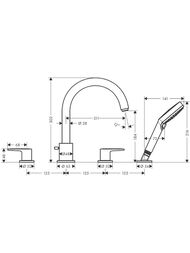 Чертёж Смеситель на борт ванны Hansgrohe Vernis Blend 71456670 на 4 отверстия, с душ. гарнитуром, черн. мат