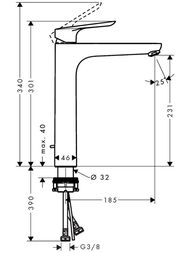 Чертёж Смеситель Hansgrohe Logis E 71162000  для умывальника высота 230 мм, сливной гарнитур, хром
