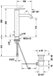 Смеситель Duravit C.1 для раковины высокий однозахватный с донным клапаном, излив 136мм C11030001010