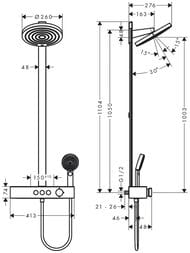 Чертёж Душевая система Hansgrohe Pulsify 24240700 Showerpipe 260 2jet с термостатом, матовый белый