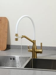 Смеситель для кухни с гибким изливом и подключением фильтра для питьевой воды , FRAP сатин золотой, F4397-3
