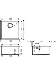 Чертёж Мойка из нержавеющей стали Hansgrohe S71 43425800 (450х450) под столешницу, сталь