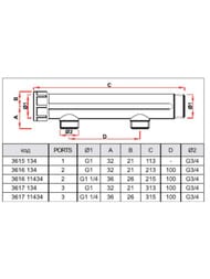 Коллектор проходной FAR 1"ВН на 2 отвода 3/4"Н, латунь, FK 3616 134