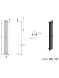 GROTA CORSA Дизайн радиатор 180x1500 водяной, нижнее подкл., 1/2", полиров. нерж. сталь, с крючками